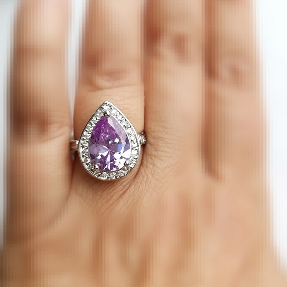 Nwt 6ct teardrop pear cut lavender Amethyst cz halo cz ring size 8 - Picture 4 of 5